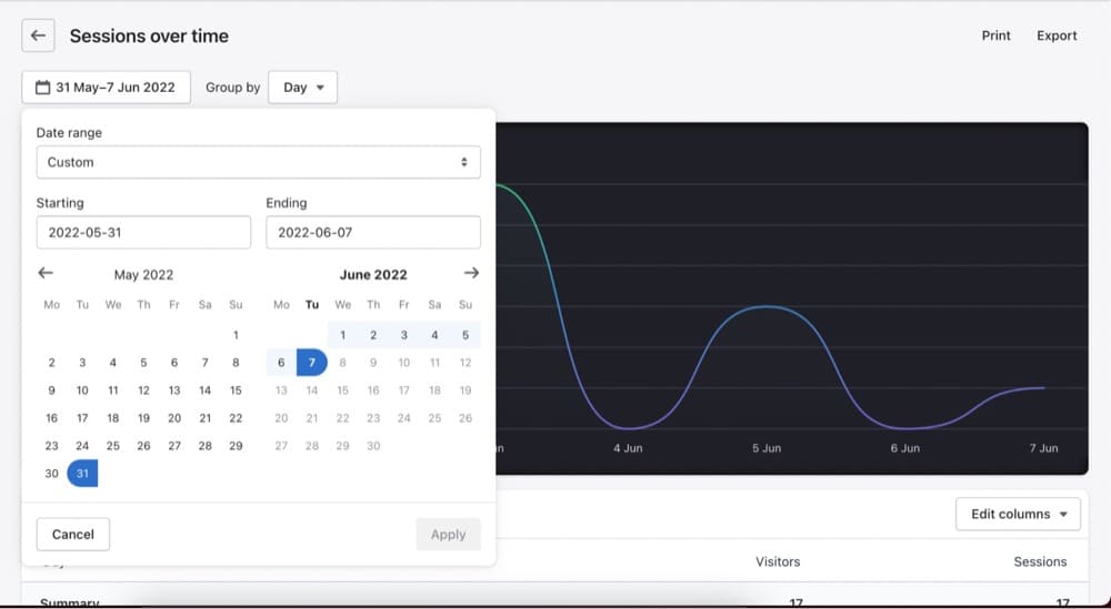 bounce rate date range picker Shopify