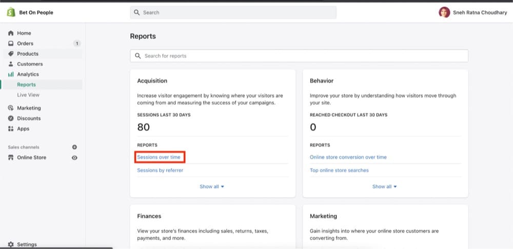 bounce rate session over time analytics reports Shopify